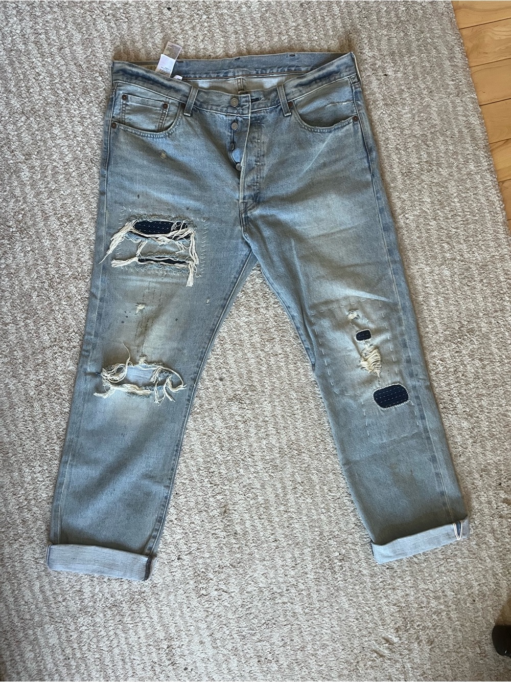 Levi's Light Blue Anniversary Editio Distressed Relaxed Jeans with Patch Details